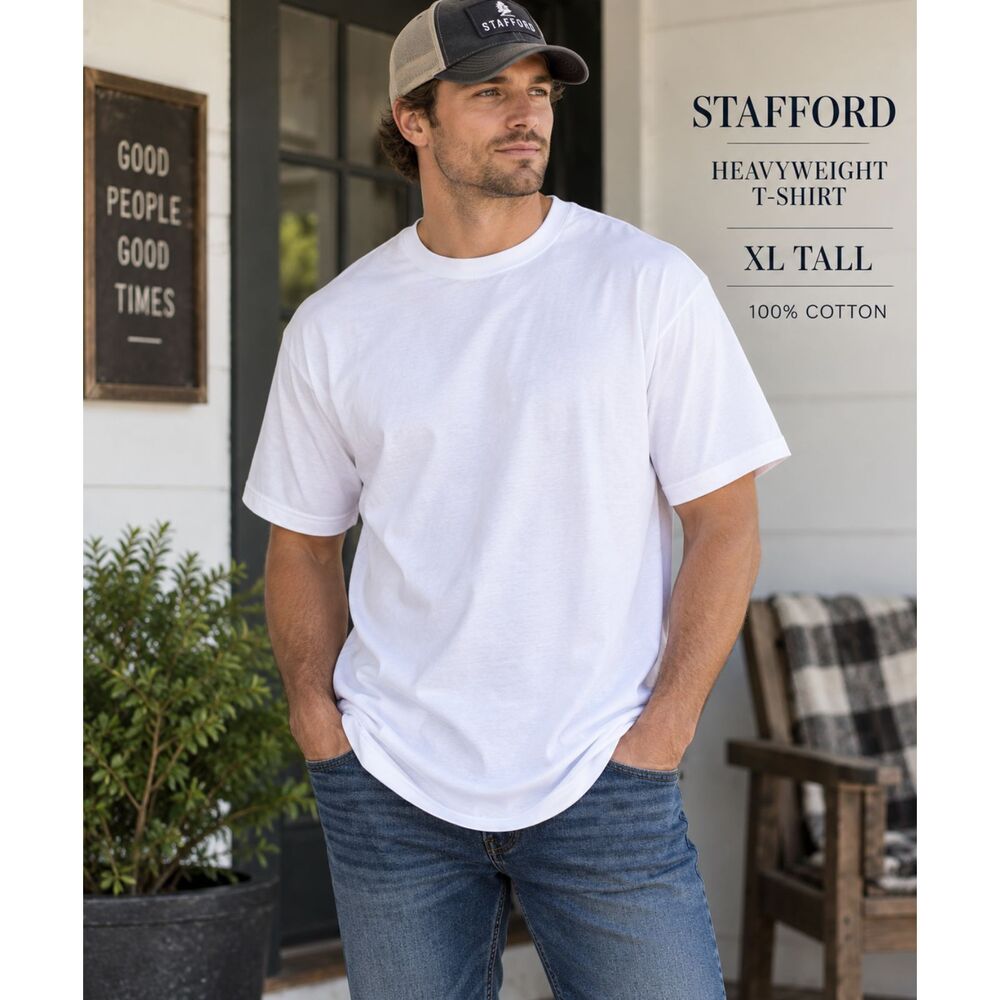 Stafford Men’s XL Tall White Heavyweight 100% Cotton T-Shirt XLT Classic Fit